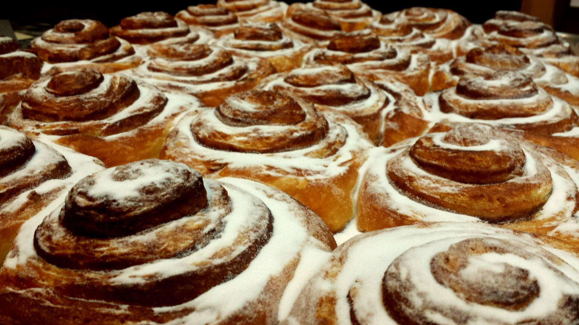 Tray of glazed cinnamon rolls fresh from the oven